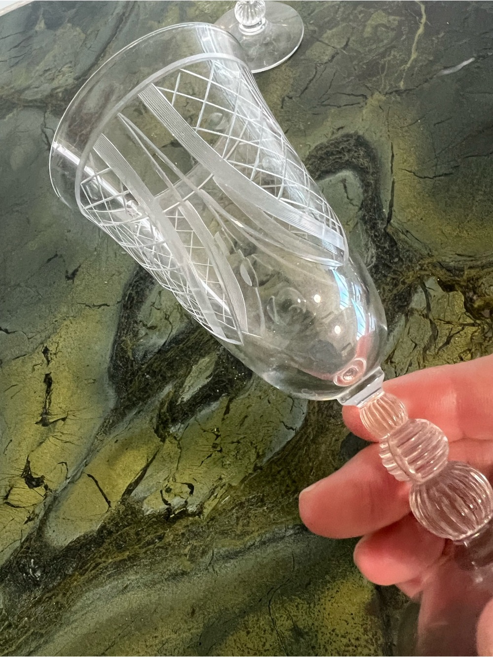 MCM atomic line and dot etched cut Crystal cordial stacked ball stem glass set